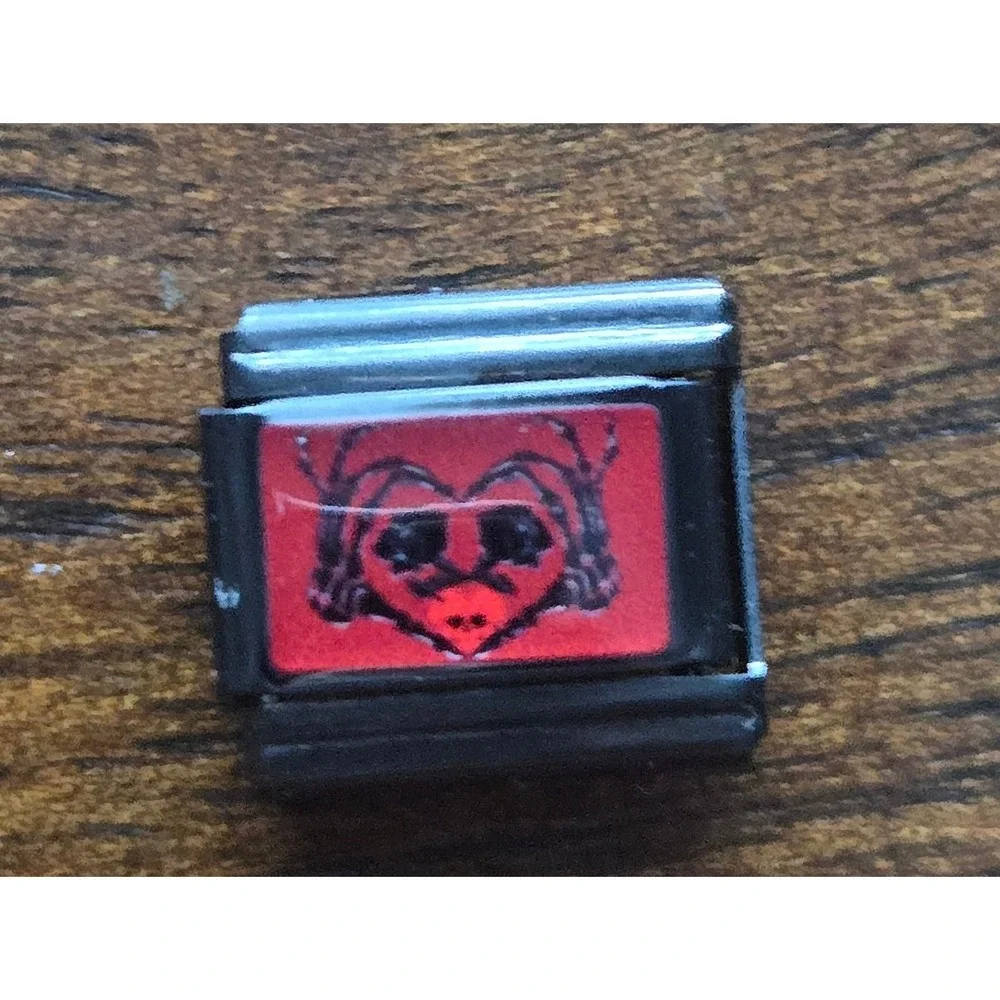 Black Stainless Steel Italian Charm Link Red Heart Face Graphic 9mm Bracelet